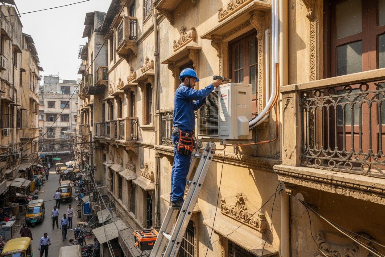 Technician installing outdoor unit on building exterior