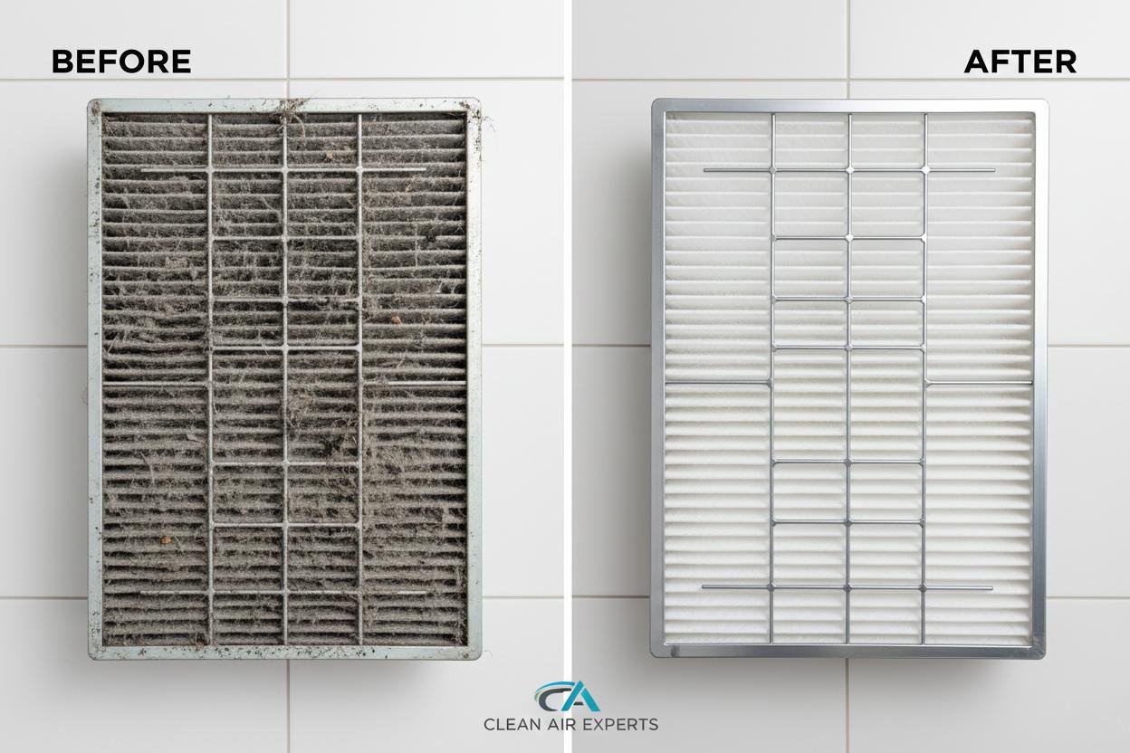 Before and after AC filter cleaning comparison
