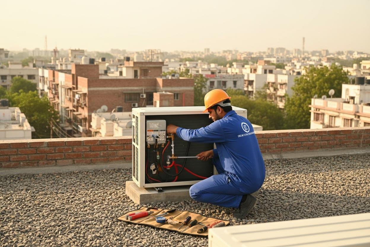 Technician repairing outdoor AC compressor