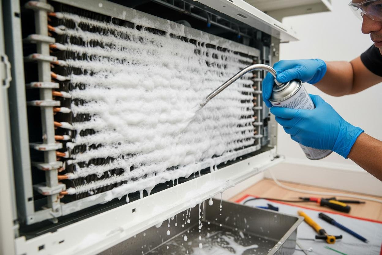 Deep cleaning AC coils with foam spray