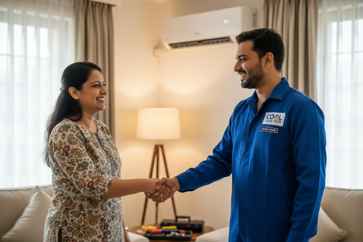 Happy customer shaking hands with technician