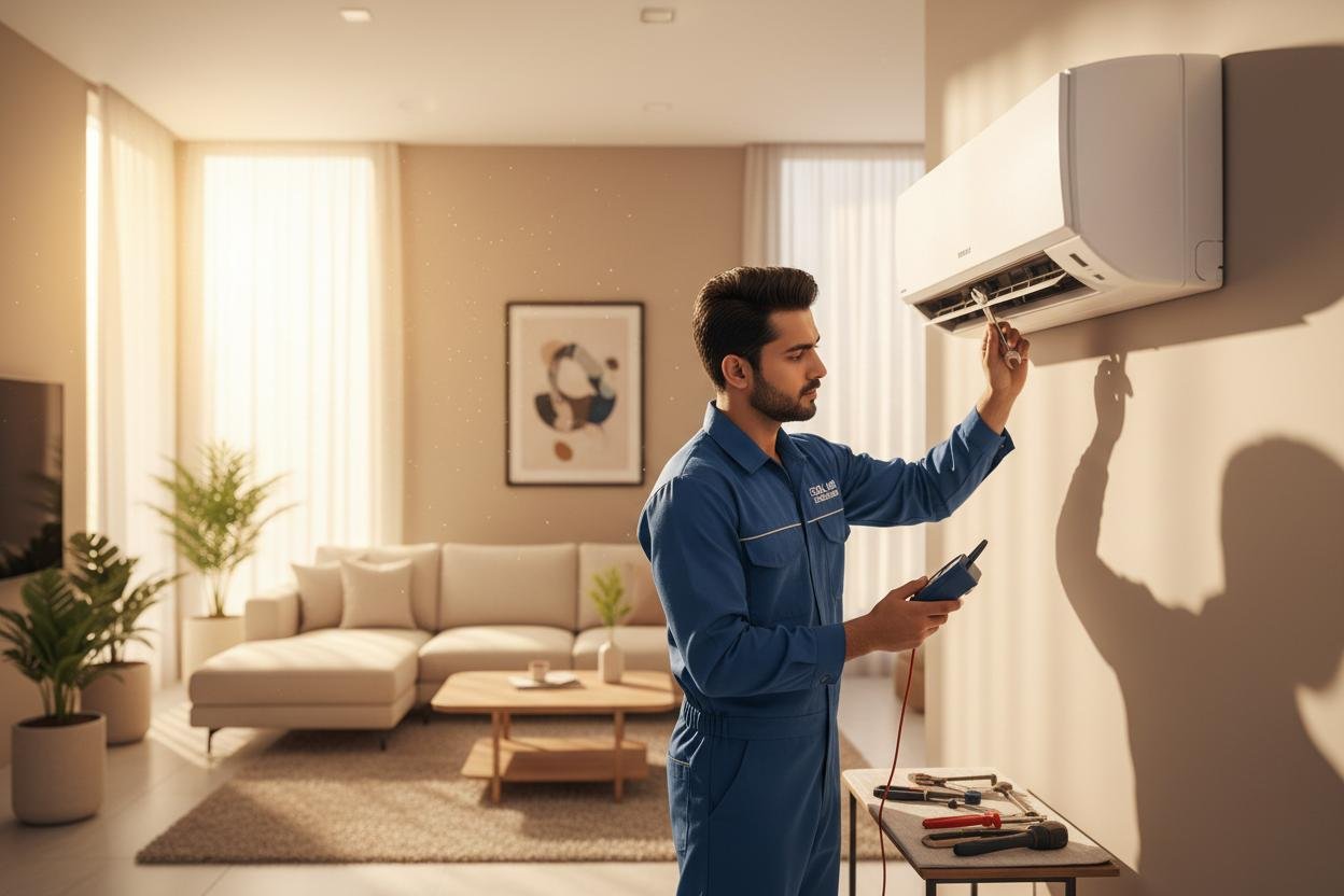 Professional AC technician servicing a split AC unit in a modern home