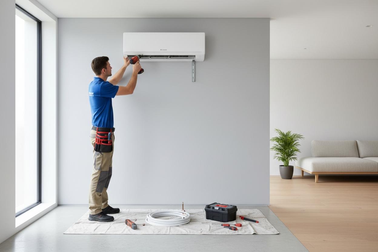 AC installation in progress on wall