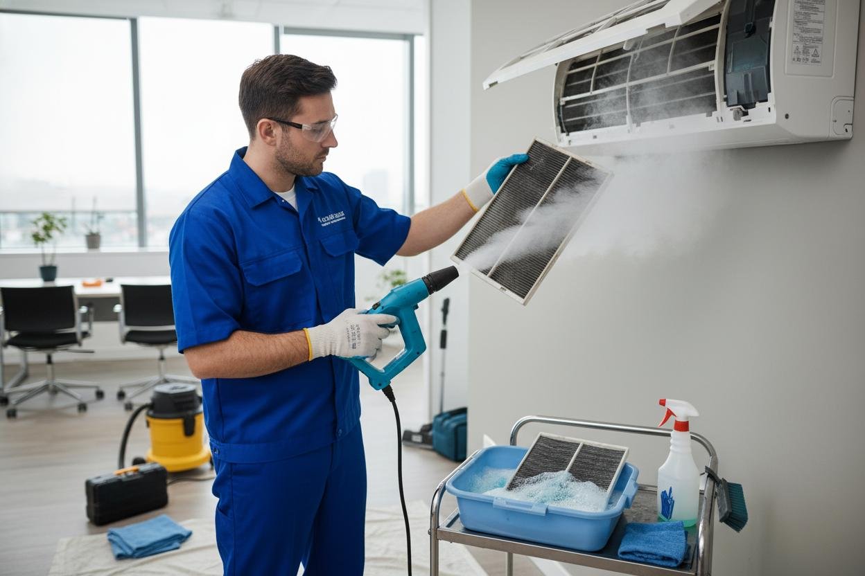 Technician cleaning AC filters during maintenance