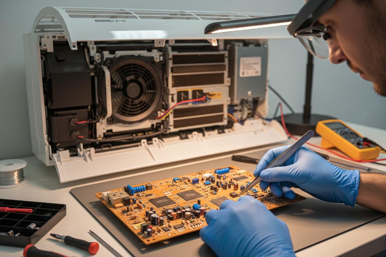 Close-up of AC circuit board repair work